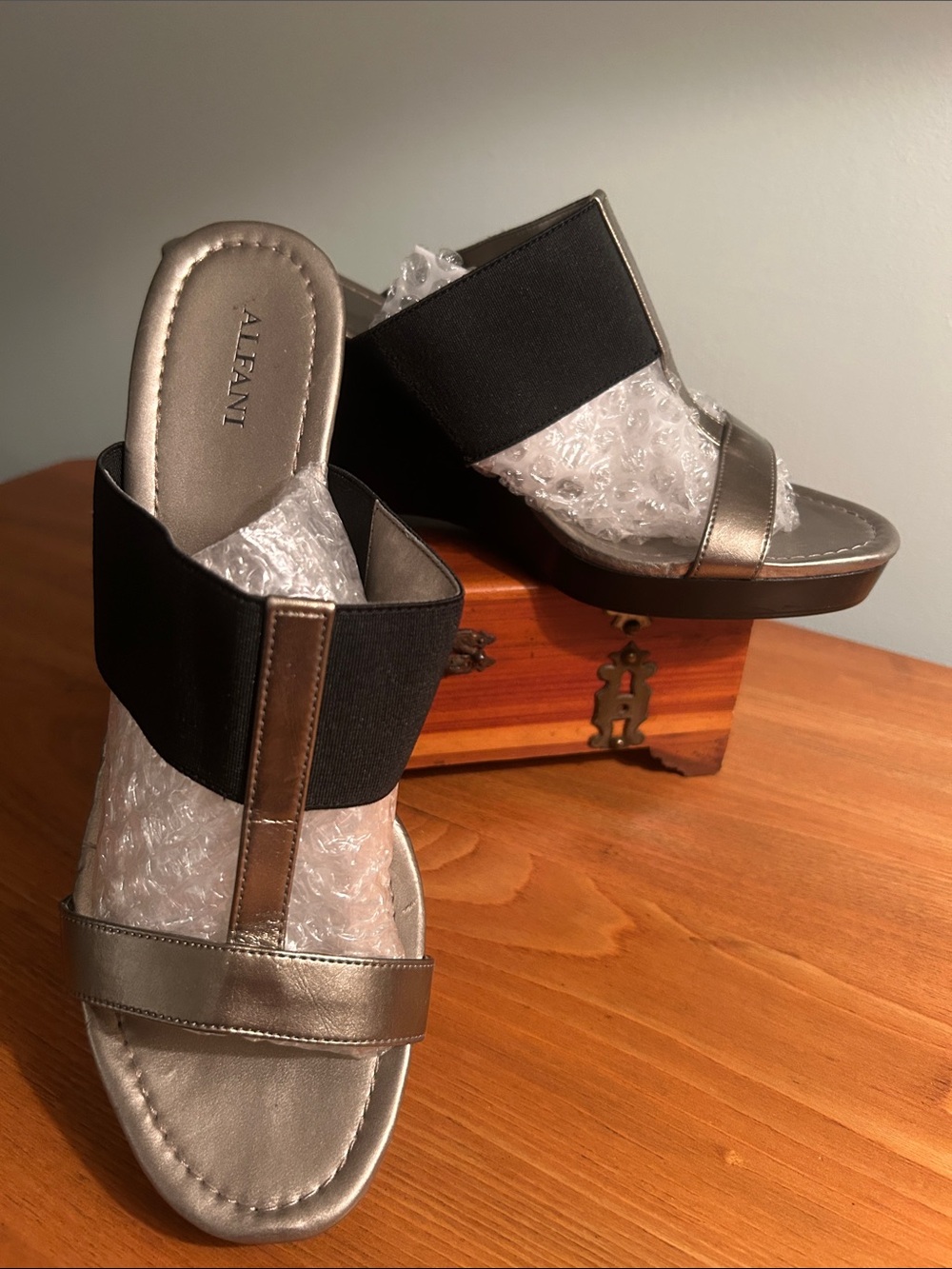 Alfani Silver Metallic & Black Elastic Wedge Sandals with 3” heel.